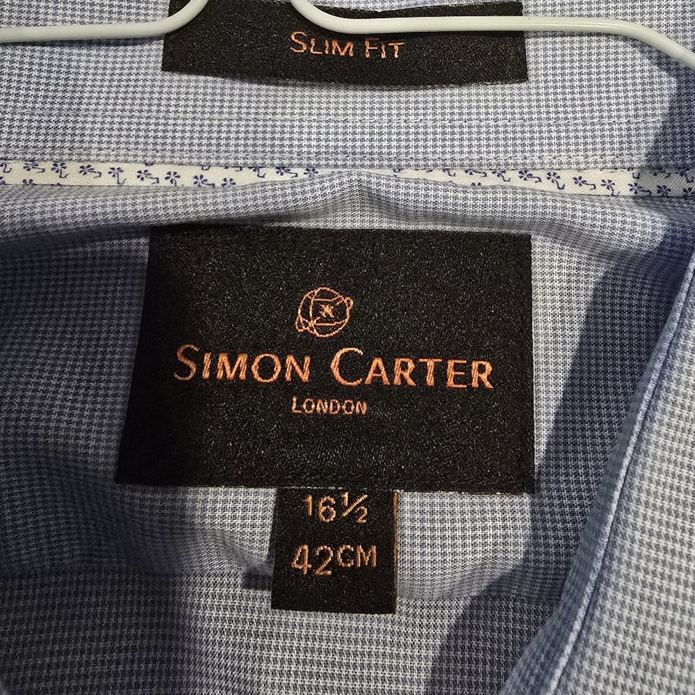 Simon Carter London Mens Slim Fit Dress Shirt Blue Micro Check 16.5 42cm L